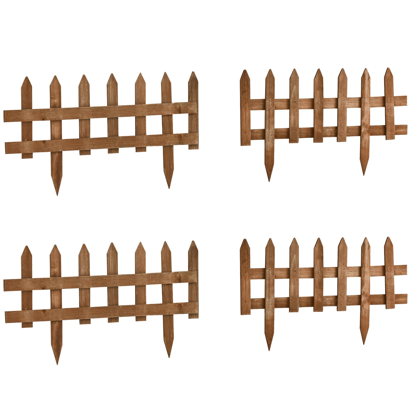 Outsunny Pack of 24 Wooden Border Fences, Garden Fixed Picket Fence for Lawn Edging, Flowerbed, 60L x 1D x 34H cm, Brown