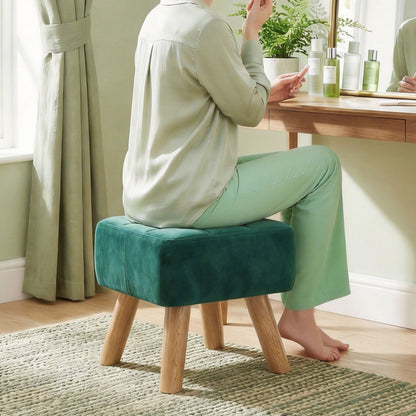 Square Padded Footstool Ottoman Pouffe | Tufted Velvet | Dark Green