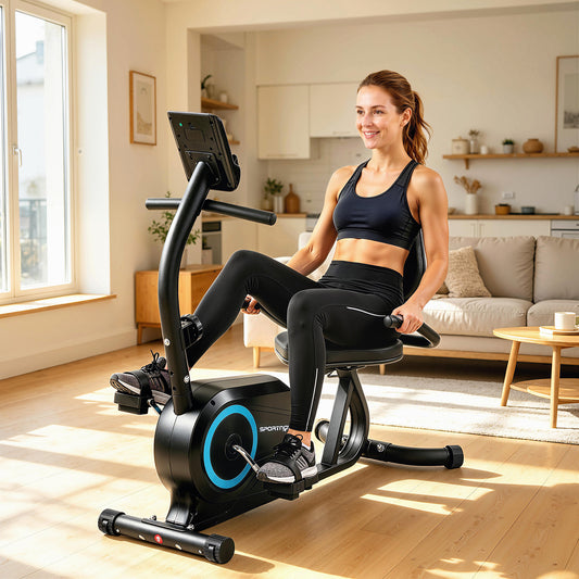 Recumbent Exercise Bike | Bluetooth | Kinomap & Zwift | 8-Level Magnetic Resistance | Padded Seat & Backrest | 120kg | Blue