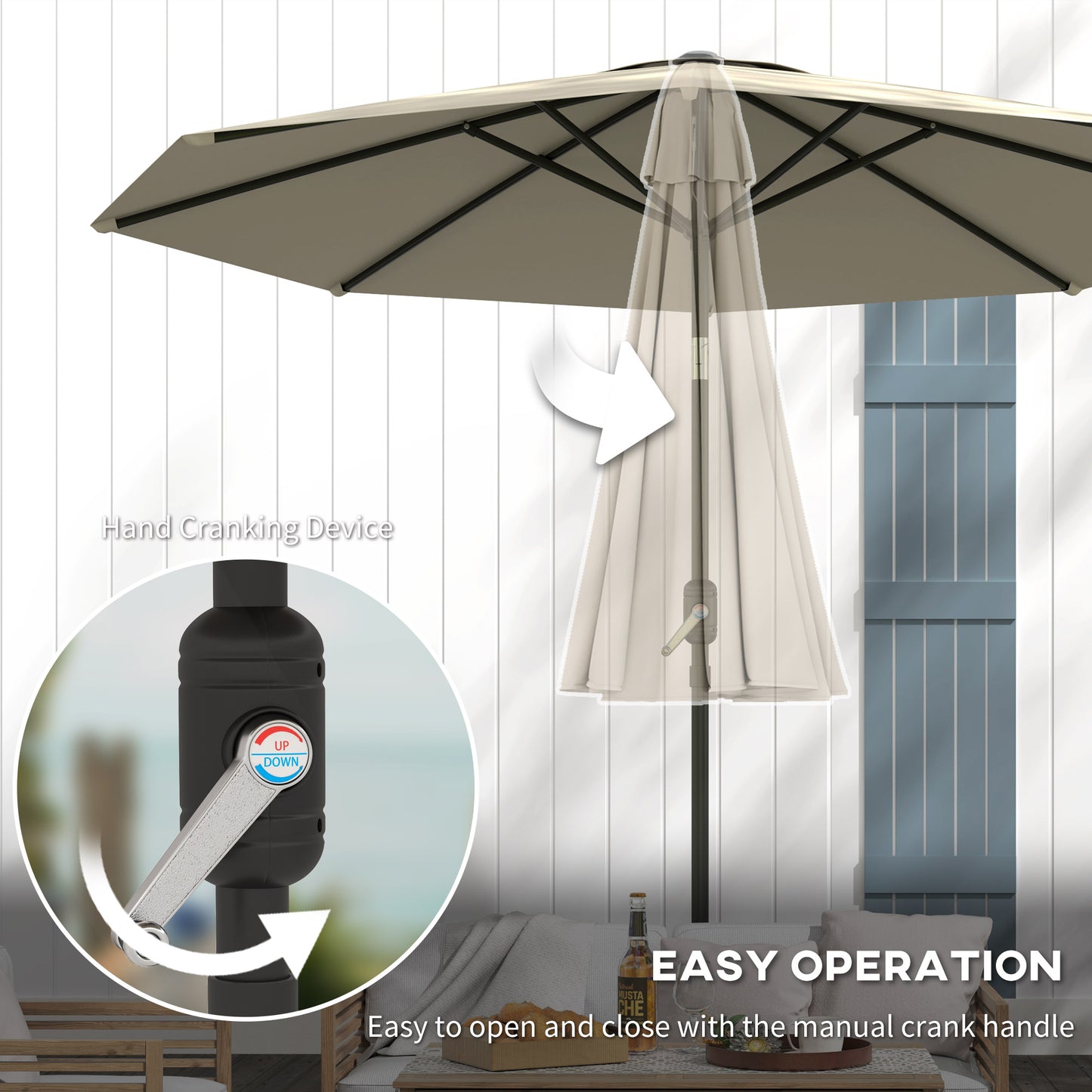 Outsunny 2.7M Garden Parasol Umbrella with Tilt and Crank, Outdoor Sun Parasol Sunshade Shelter with Aluminium Frame, Light Grey