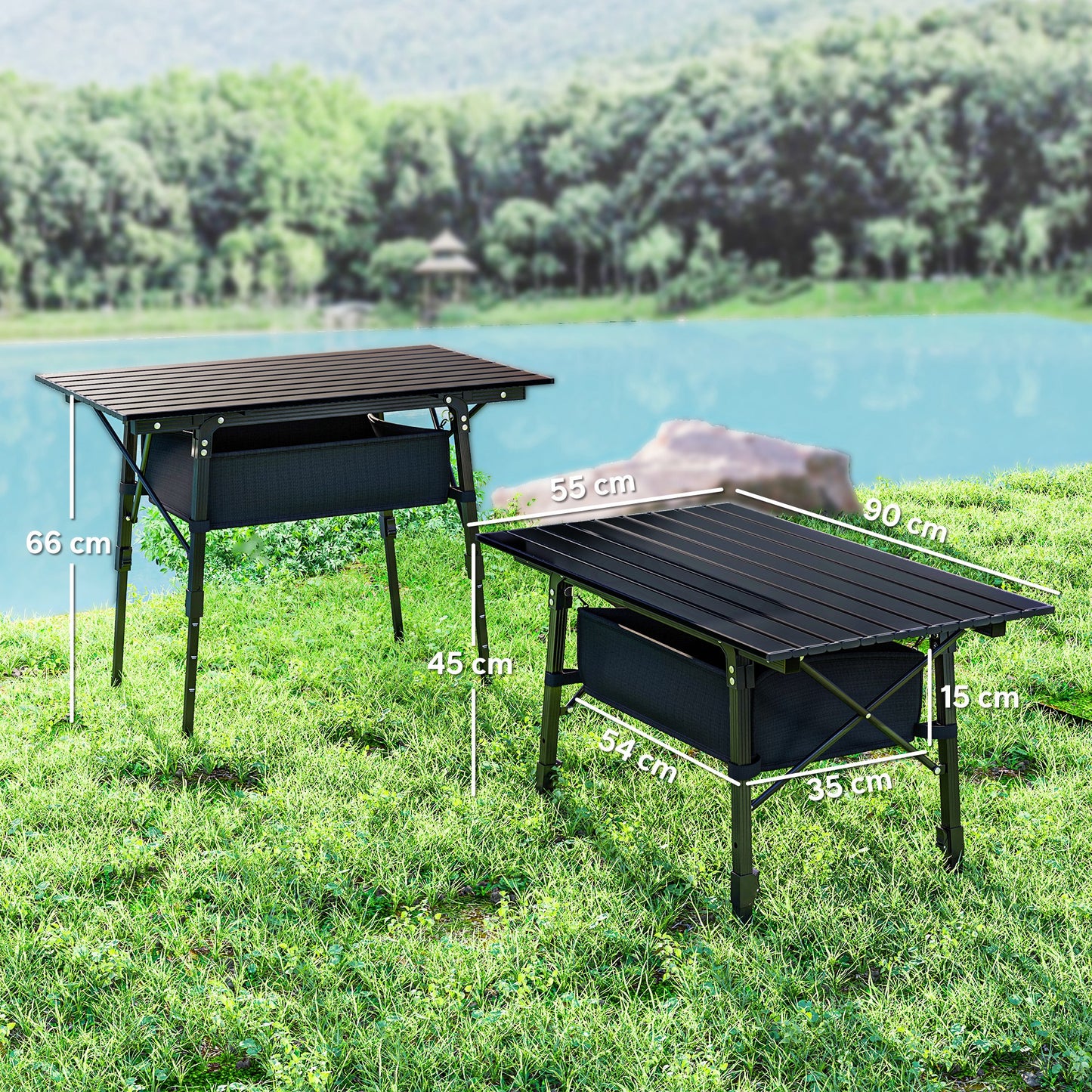 Folding Camping Table, 90 x 55 cm Height Adjustable Portable Collapsible Table, 3ft Lightweight Aluminium Rollup Picnic Table with Storage Basket
