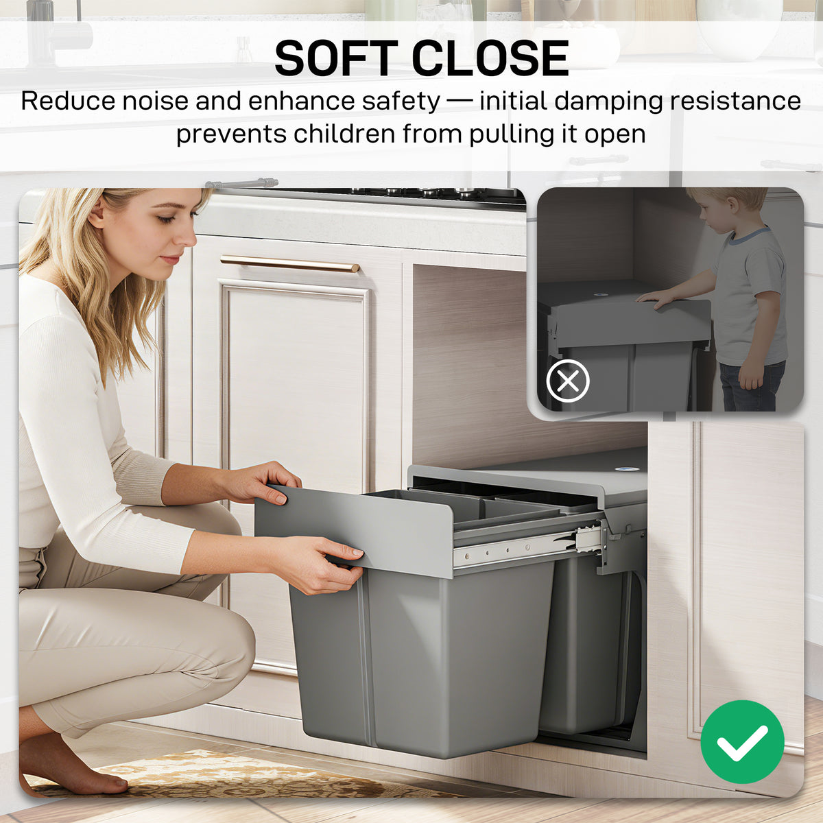 Under Sink Pull Out Bin 31L | 3 Removable Compartments 15L + 2x8L | Damped Metal Rails | Odour-Seal Lid | Child & Pet Resistant | For 400mm Cabinets | ABS PP | Light Grey | 48x34.3x35.1cm