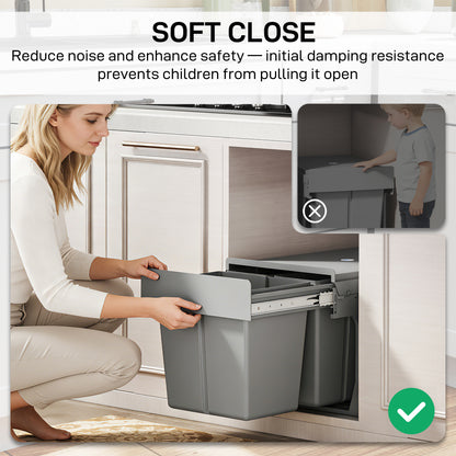 Under Sink Pull Out Bin 31L | 3 Removable Compartments 15L + 2x8L | Damped Metal Rails | Odour-Seal Lid | Child & Pet Resistant | For 400mm Cabinets | ABS PP | Light Grey | 48x34.3x35.1cm
