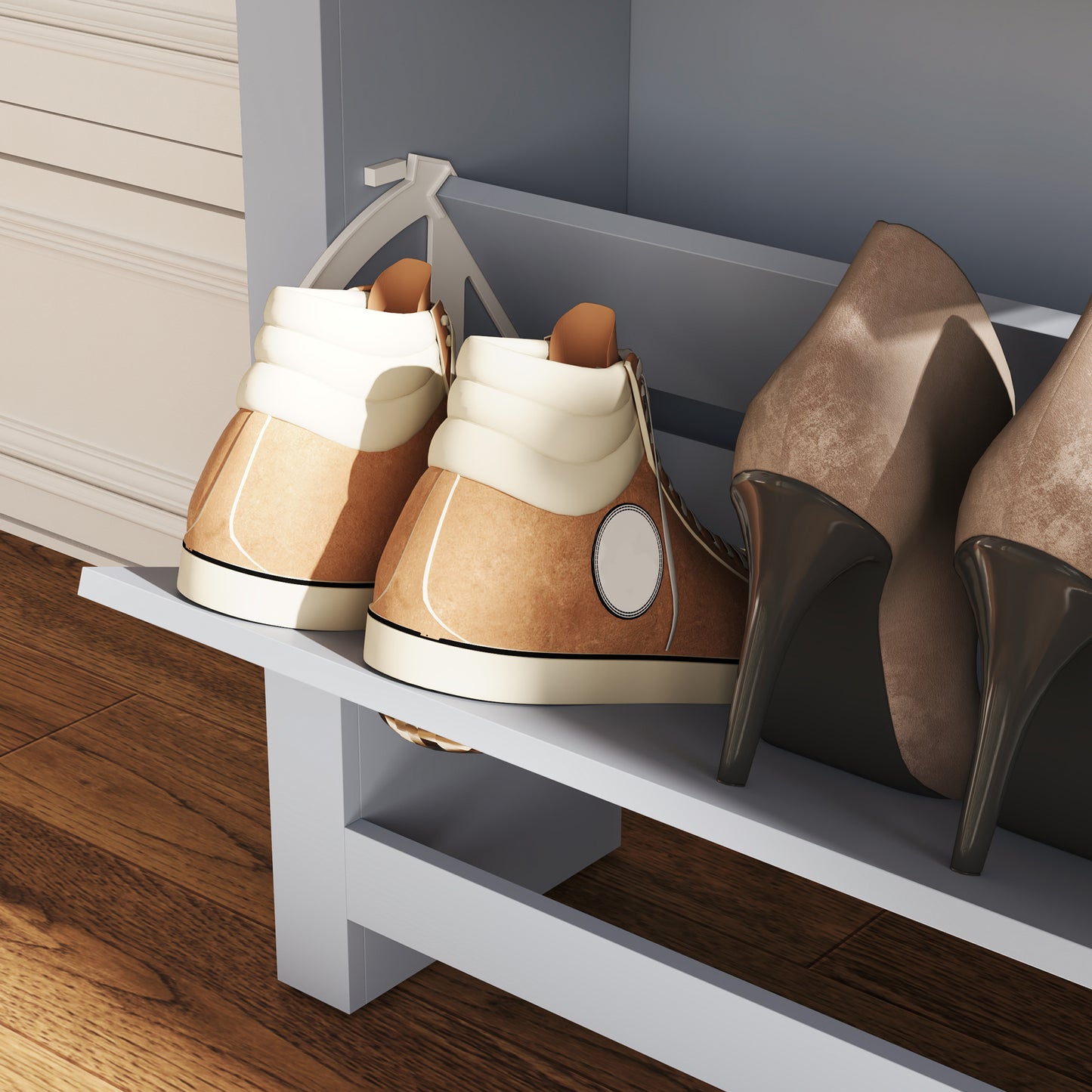 2 Drawer Shoe Cabinet Modern Narrow Shoe Cupboard Hallway Wooden Storage Organiser with Flip Doors Adjustable Shelf for 6-12 Pairs