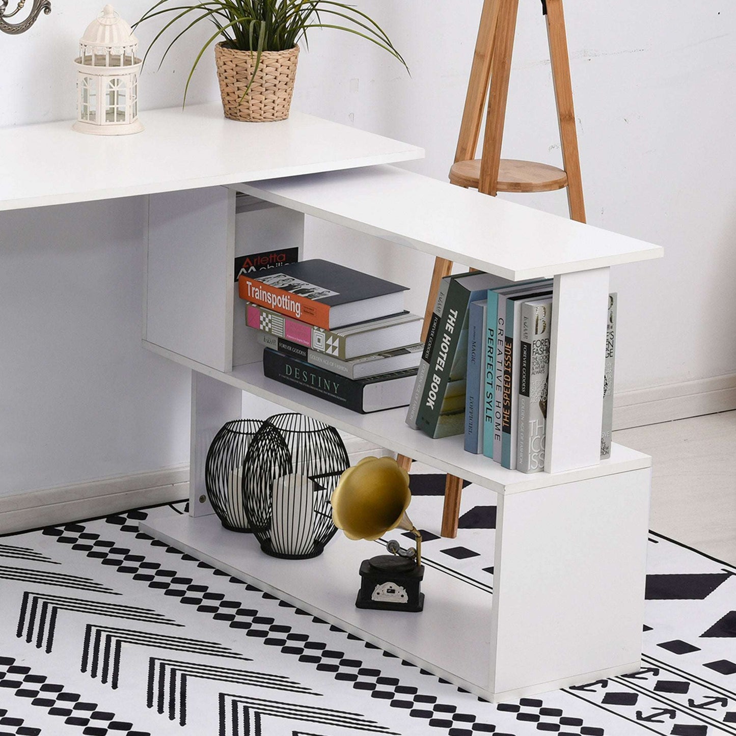Corner Computer Desk, L Shaped Desk with 360° Rotating Bookshelf, 120L x 110W x 74.5H cm, White