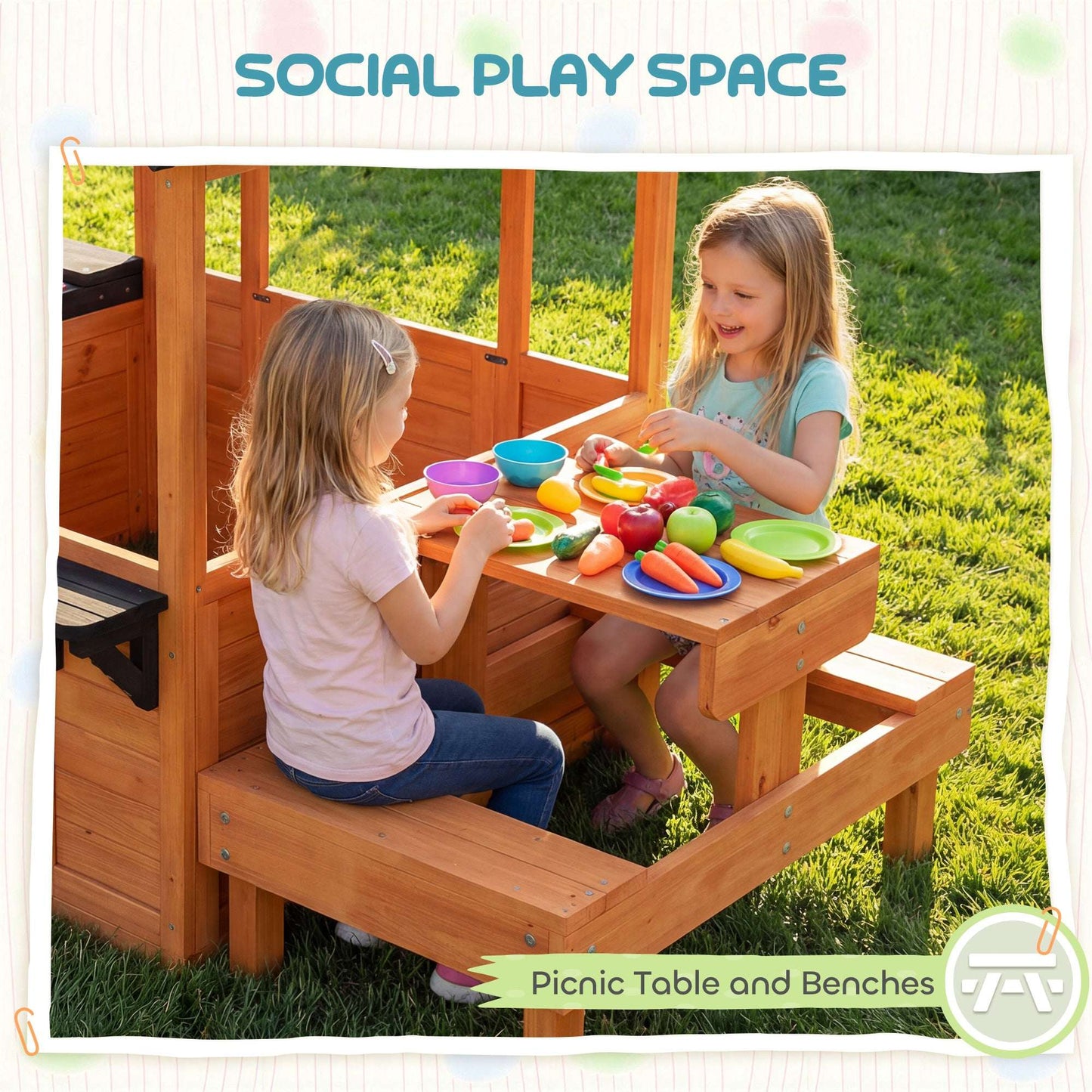 Wooden Kids Playhouse | Table & 2 Benches | Sink Basin | Flower Holders | Windows | Half-Door | 50kg | Ages 3-8 | Brown