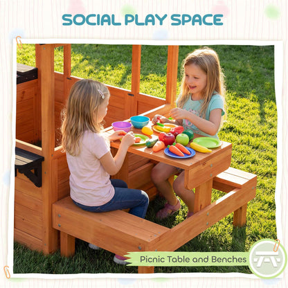 Wooden Kids Playhouse | Table & 2 Benches | Sink Basin | Flower Holders | Windows | Half-Door | 50kg | Ages 3-8 | Brown