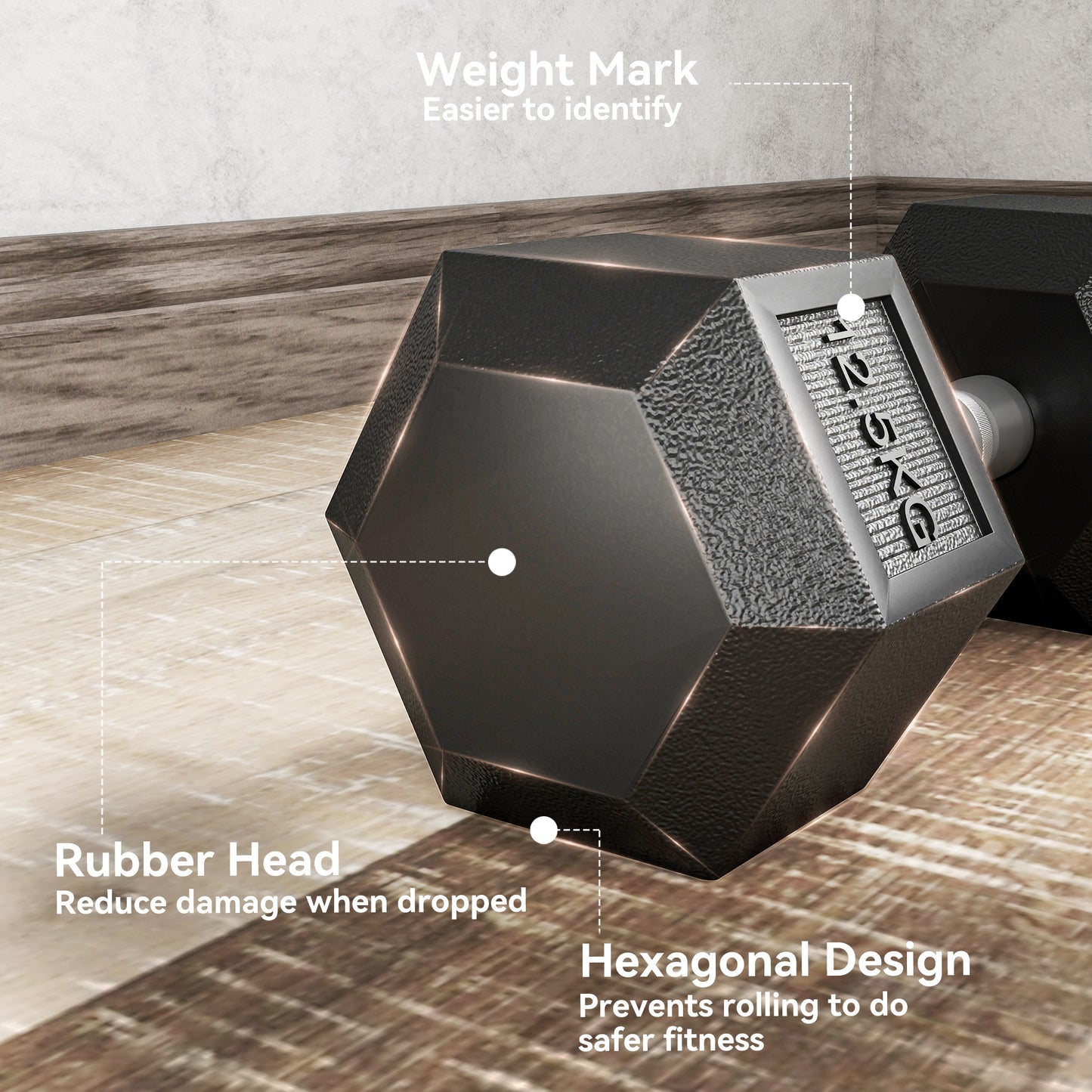 25KG Rubber Hex Dumbbell Portable Hand Weights Dumbbell Home Gym