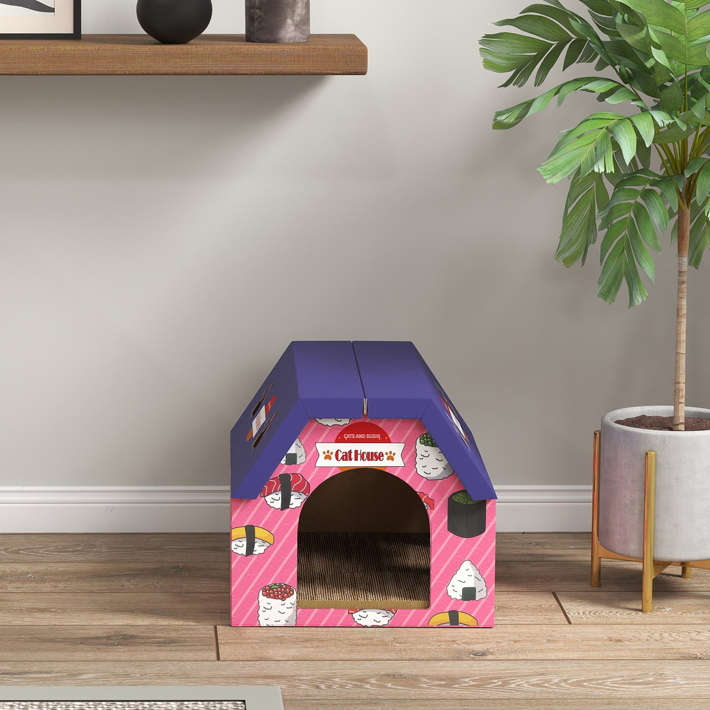 PawHut Cat Scratching Board, 2-in-1 Cardboard Cat House and Hideaway for Indoor Cats, Pink