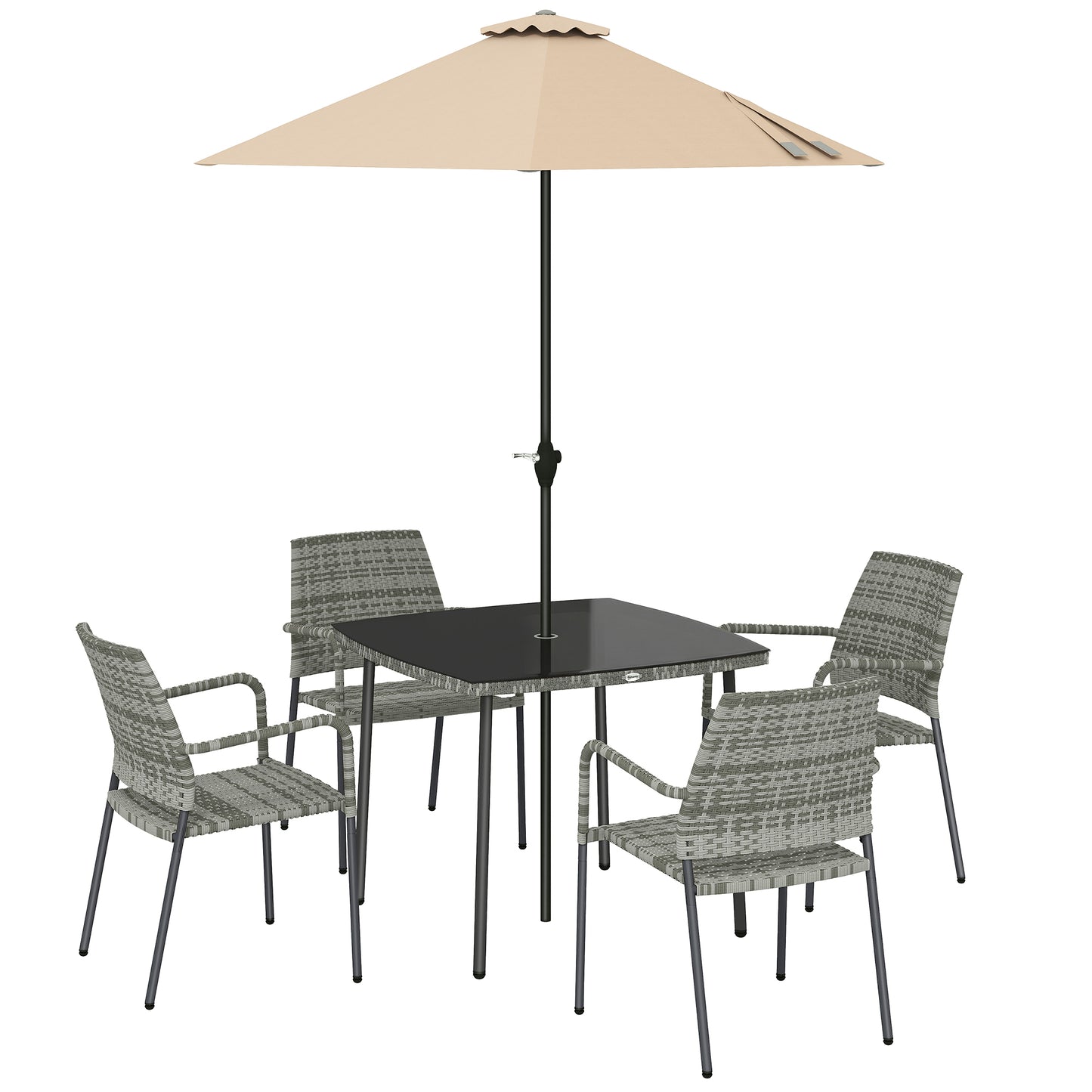 6-Piece Rattan Garden Dining Set with Parasol | 4 Stackable Chairs | Tempered Glass | Light Grey