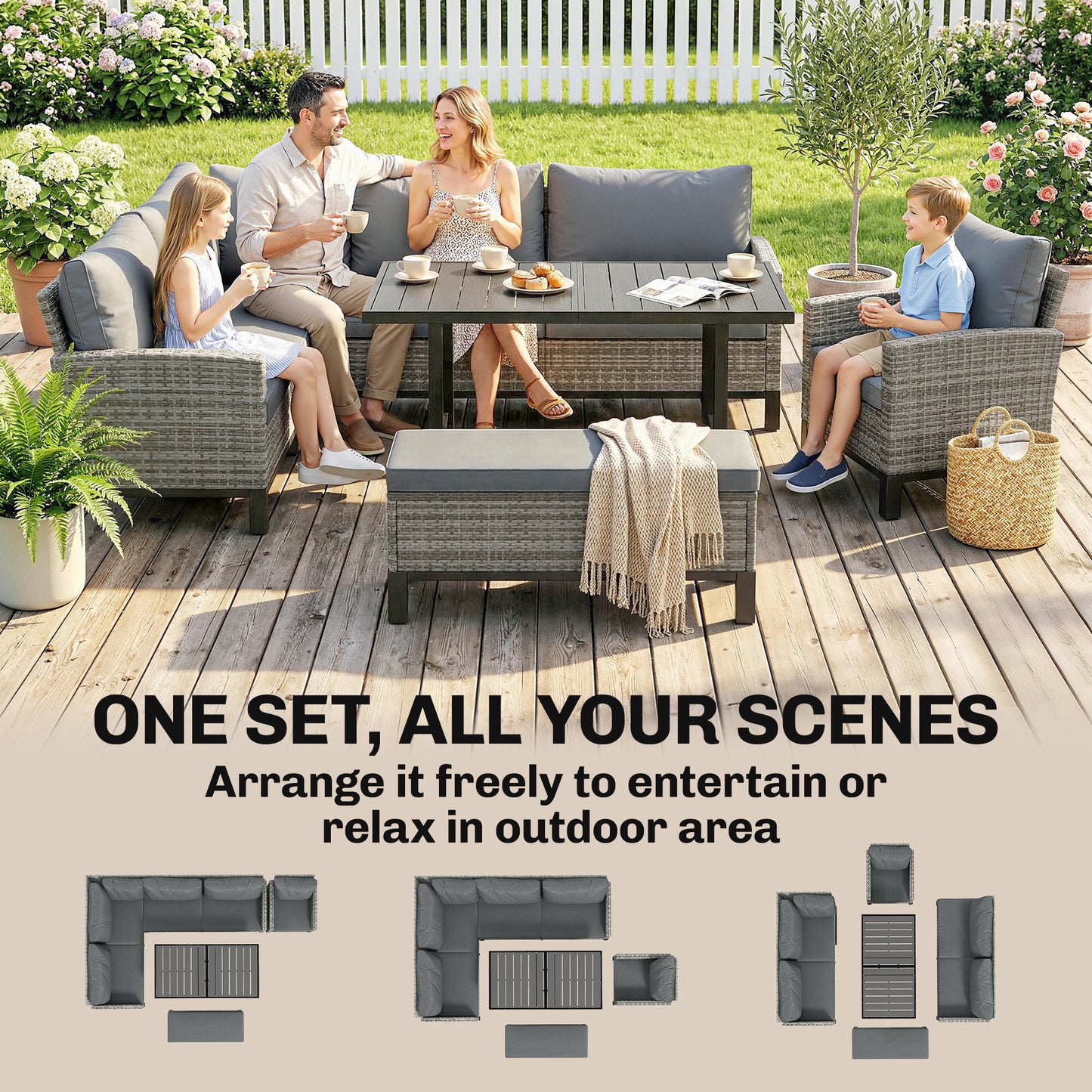 9-Seater Rattan Corner Sofa & Dining Set | Ottoman | Faux Wood Table | Washable Cushions | Dark Grey