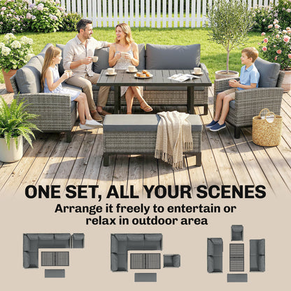 9-Seater Rattan Corner Sofa & Dining Set | Ottoman | Faux Wood Table | Washable Cushions | Dark Grey
