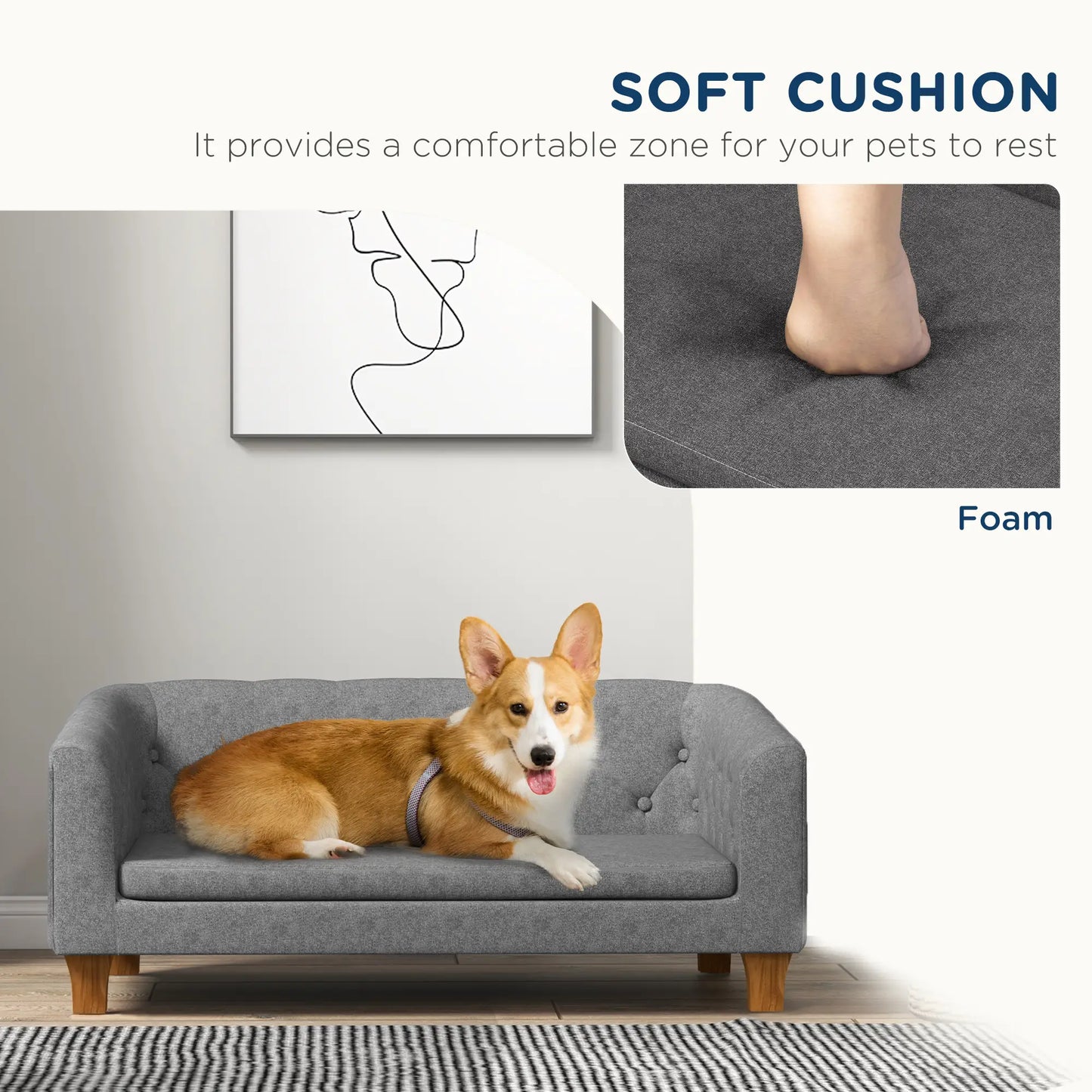 PawHut Raised Dog Sofa, Elevated Pet Sofa for Small Medium Dogs, Grey