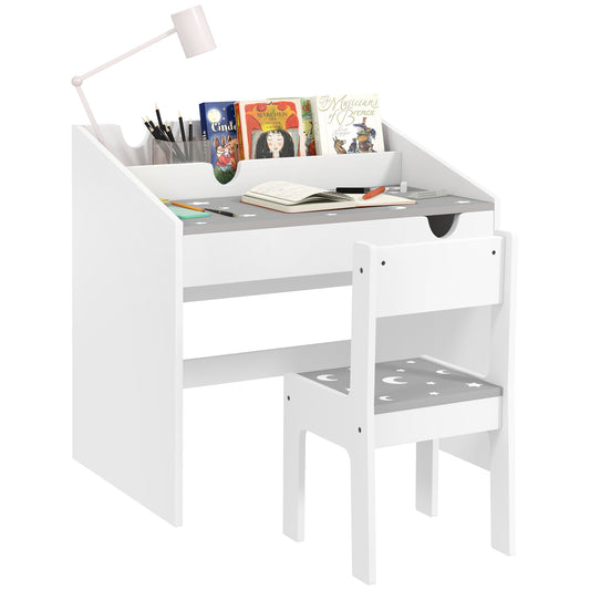 AIYAPLAY Children Study Table and Chair, Kids Desk and Chair Set with Storage, Pull-out Drawer, Gift for 3-6 Years Old - Grey / Pink