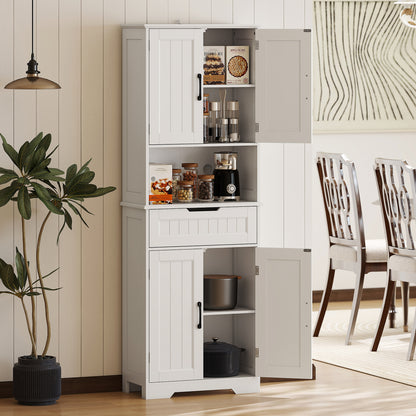 Tall Kitchen Pantry Cupboard | White MDF | 60x30x172cm | 2 Cabinets Adjustable Shelves | Open Counter Cable Hole | Drawer | Anti-Tip | Anti-Slip Feet | 45kg | Freestanding