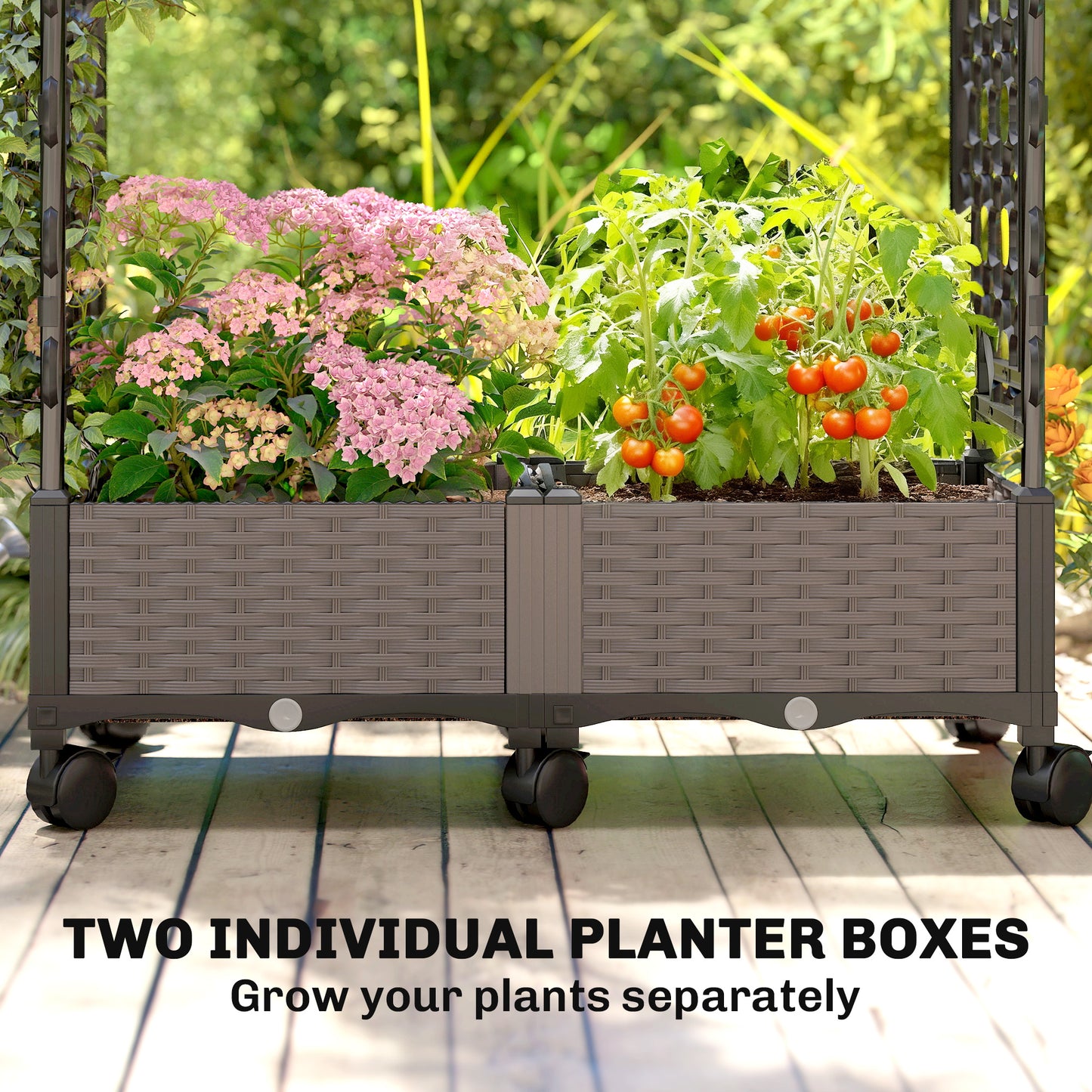 Raised Garden Bed on Wheels with Arch & Side Trellis | 2 Planter Boxes 48L Total | PE-Coated Steel | 8 Drainage Holes | 6 Wheels | 10kg per Box | 102x40x155cm | Black