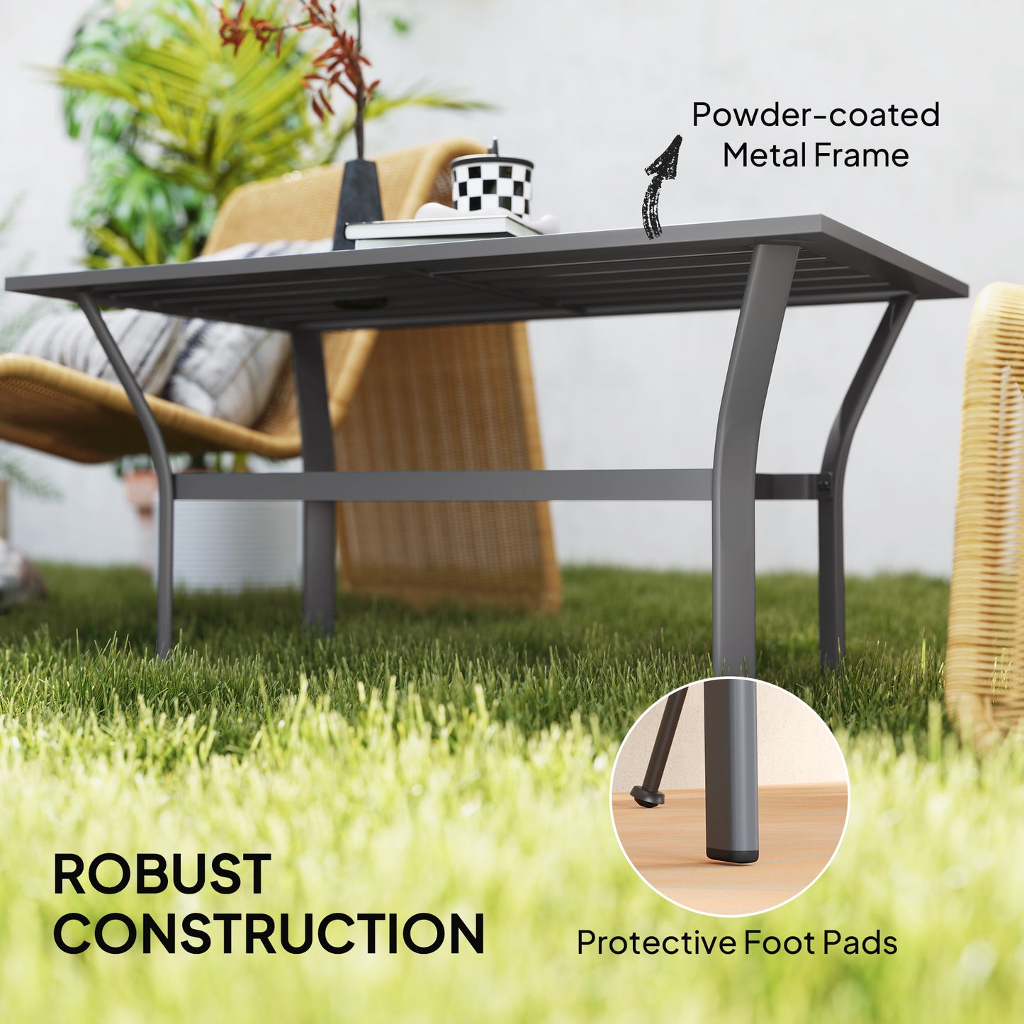 Metal Garden Coffee Table, Rectangular Outdoor Side Table with Slatted Tabletop, Foot Pads for Outside, Garden, Balcony, Porch, 91.5 x 55 x 45cm