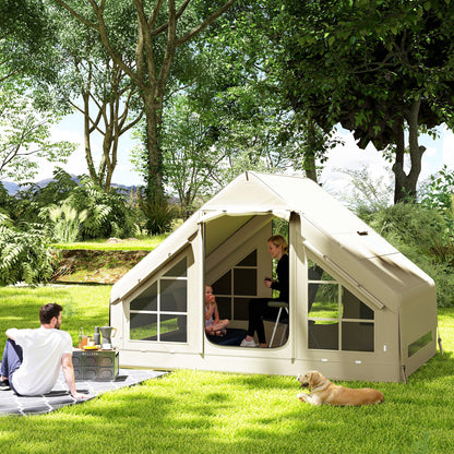 Outsunny Inflatable Camping Tent with Pump, Easy Setup 2-4 Person Blow Up Tent, Waterproof Luxury Inflatable Tent with Mesh Windows, Doors, Hook and Carry Bag, Beige