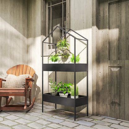 2-Tier House-Shaped Plant Stand with Top Hook | Powder-Coated Metal | 13cm Raised Edges | Adjustable Levelling Feet | 40kg per Tier | 80kg Total | 75x35x150cm | Indoor & Outdoor | Black
