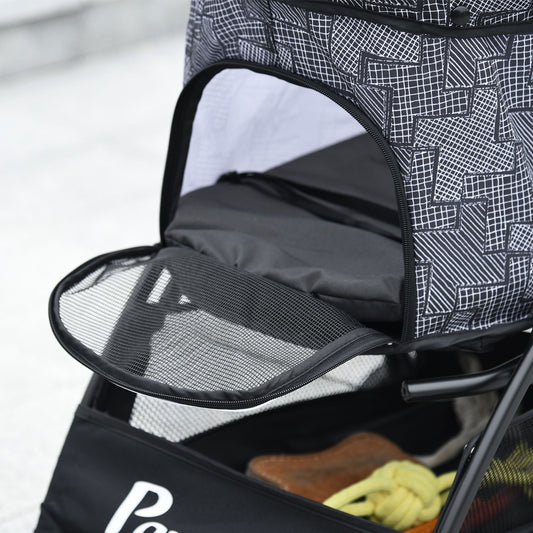 PawHut Pet Stroller, Dog Cat Travel Carriage, Foldable Carrying Bag with Large Carriage, Universal Wheels, Brake Canopy, Basket, Storage Bag, Grey