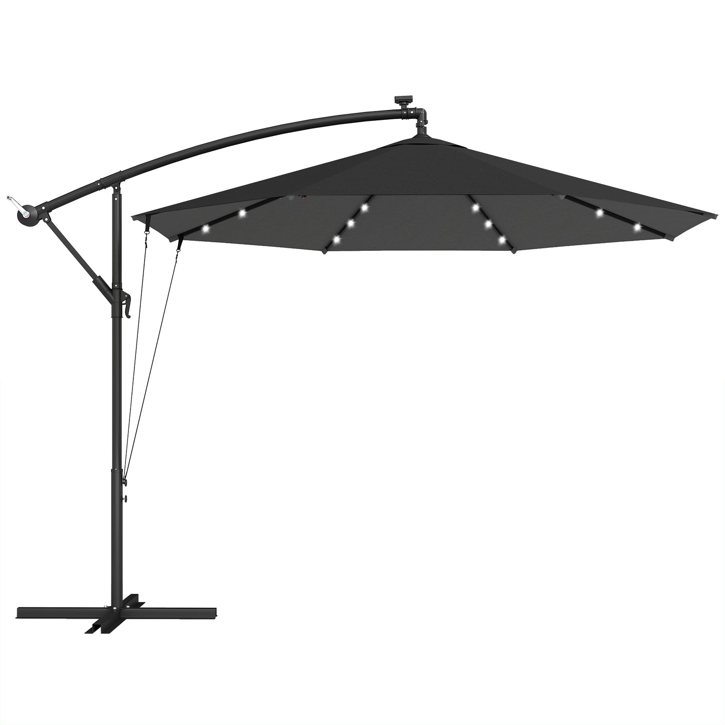 3m Cantilever Parasol with 32 Solar LED Lights | 295cm Canopy | 8 Metal Ribs | Crank Lift | Water-Repellent | 2 Wind Ropes | Cross Base & Cover Included | Black