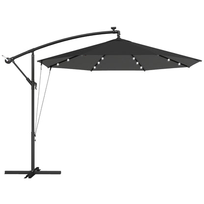 3m Cantilever Parasol with 32 Solar LED Lights | 295cm Canopy | 8 Metal Ribs | Crank Lift | Water-Repellent | 2 Wind Ropes | Cross Base & Cover Included | Black