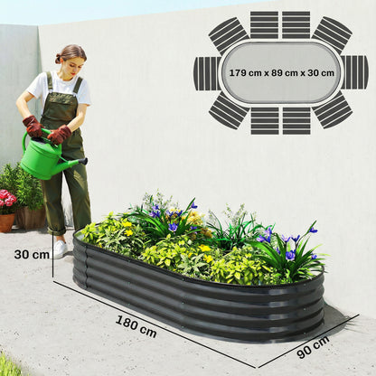 Flexible Galvanised Steel Raised Garden Bed | Safety Rubber Edging | Open Bottom | Configurable Round Oval or Oblong | 180x90x30cm | For Flowers Herbs & Succulents | Dark Grey