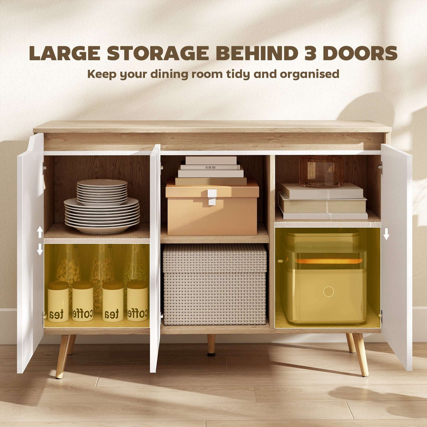 Sideboard Storage Cabinet | 3 Doors | 2 Adjustable Shelves | 5 Rubberwood Legs | Anti-Tip | 80kg | 107x35x76.5cm | White & Oak