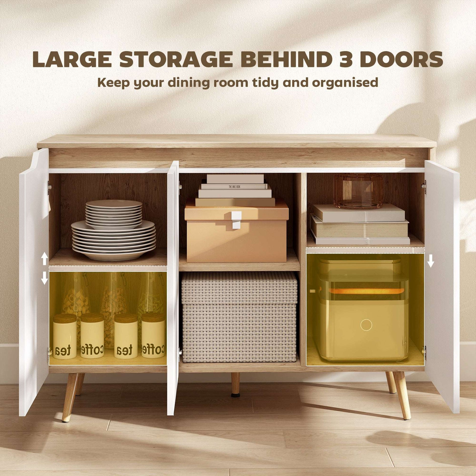 Sideboard Storage Cabinet | 3 Doors | 2 Adjustable Shelves | 5 Rubberwood Legs | Anti-Tip | 80kg | 107x35x76.5cm | White & Oak