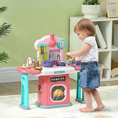 Toy Kitchen, 45 Pieces Kids Kitchen with Rotating Side Tables, Toddler Pretend Role Play W/ Light, Sounds, Spray Effect for Children 3-6 Years, Pink
