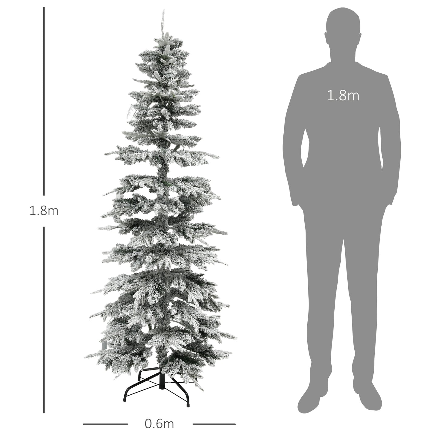 6ft Pencil Artificial Christmas Tree, Snow Flocked Xmas Tree with Downswept Branches and 600 Tips, Auto Open, Steel Base, Holiday Decoration for Home Office, Green