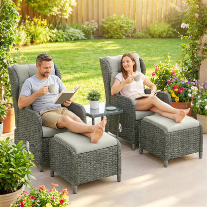 5 Piece Rattan Garden Furniture Set | 2 Reclining Chairs & 2 Footstools | Side Table | 90-135° Backrest | Aluminium Frame | Washable Cushions | 120kg | Cream White