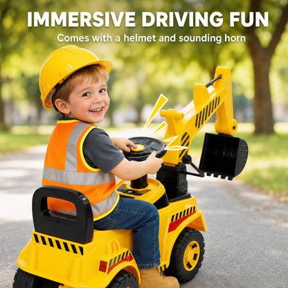 AIYAPLAY Kids Ride-On Digger | Foot-Powered Excavator | Detachable Digging Arm & Bucket | Horn & Helmet | Yellow & Black | Ages 1–4