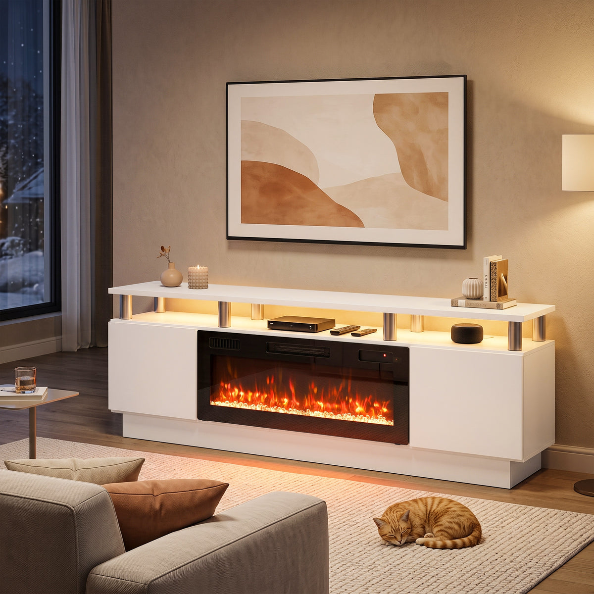 178cm Electric Fireplace TV Stand | Floating-Effect Top, LED Shelf & 2 Cabinets | 900/1800W, 12 Flame Colours, Remote & Timer | White