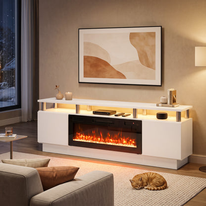 178cm Electric Fireplace TV Stand | Floating-Effect Top, LED Shelf & 2 Cabinets | 900/1800W, 12 Flame Colours, Remote & Timer | White