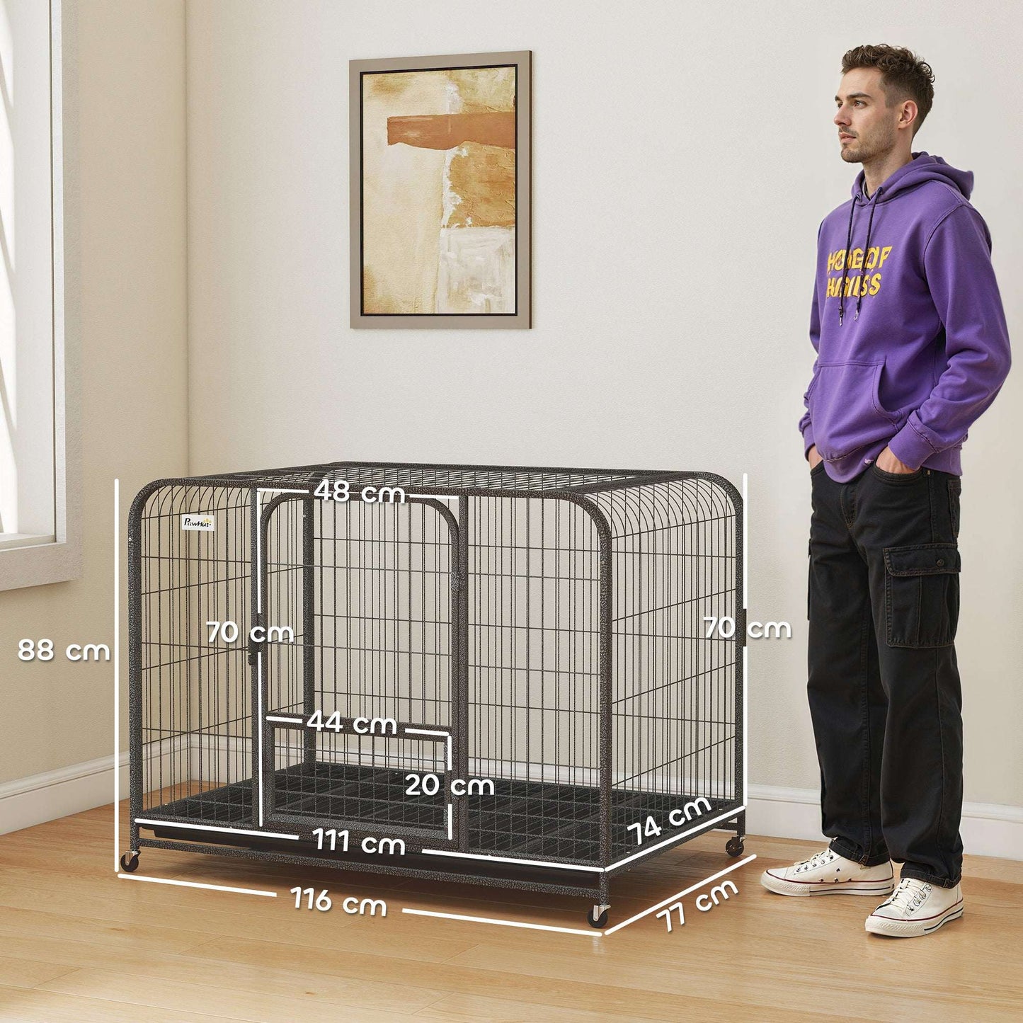 Heavy Duty Dog Crate | 116x77x88cm | 3 Doors | Slide-Out Tray | 4 Wheels | Raised Base | 30kg | Black