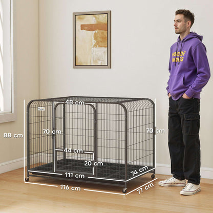 Heavy Duty Dog Crate | 116x77x88cm | 3 Doors | Slide-Out Tray | 4 Wheels | Raised Base | 30kg | Black