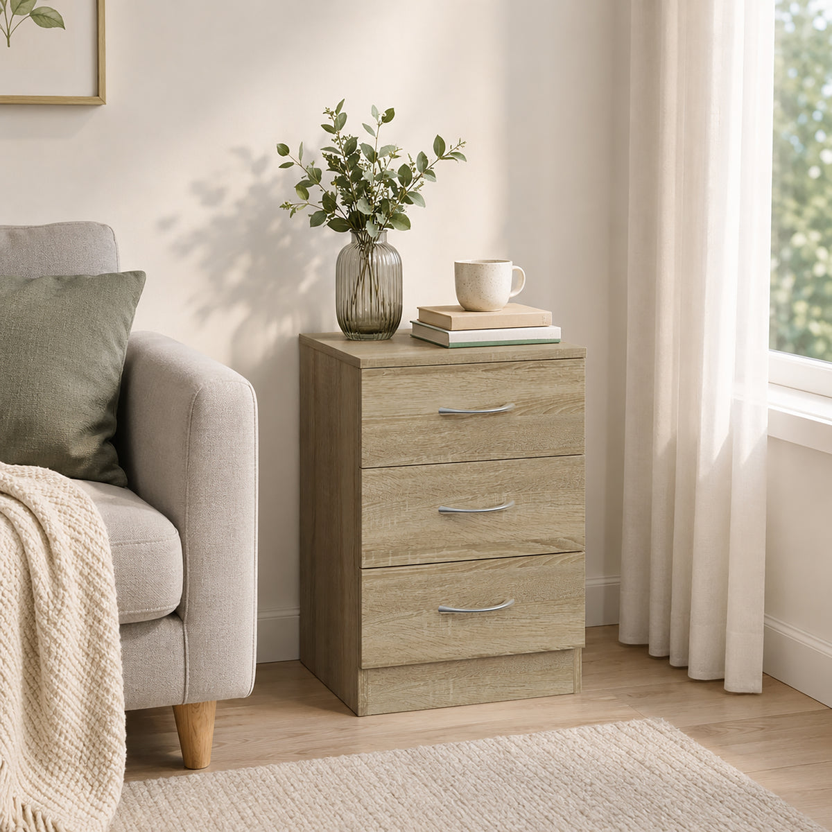 3-Drawer Bedside Table with Aluminium Handles & Wooden Glides | Oak Tone Melamine Finish | Non-Slip Pads | 40x35x58cm | 50kg Capacity | 10kg Per Drawer | Particleboard | Assembly Required