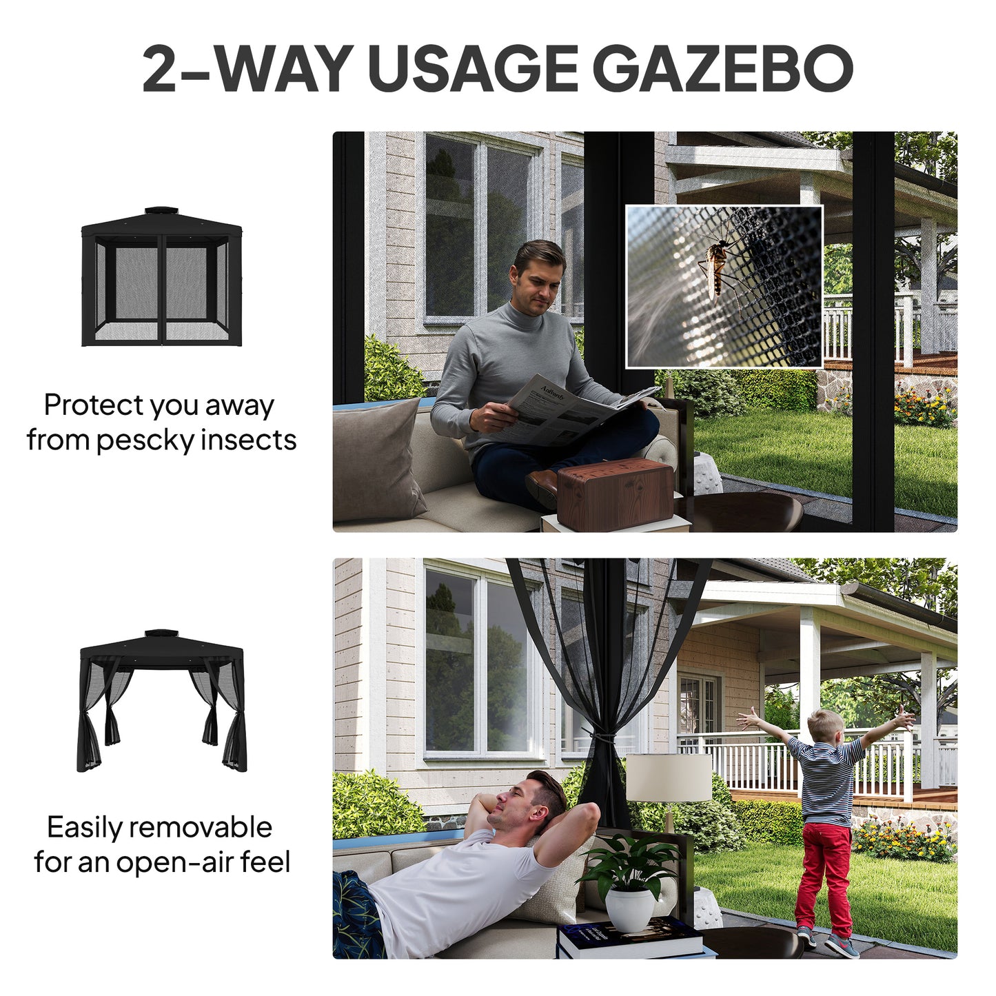 Outsunny 3 x 3 m Metal Gazebo, Garden Pavillion, Double Roof Outdoor Canopy Shelter with Mesh Sidewalls, Black