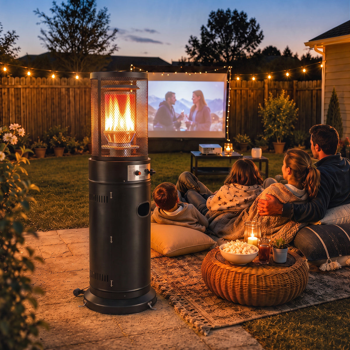 11kW Gas Patio Heater | 30m² Coverage | Propane & LPG | Pulse Ignition | Stepless Control | 45° Tilt Shutoff | Metal Mesh Guard | 2 Wheels | Pre-Drilled Stake Holes | 52x46x137cm | Black