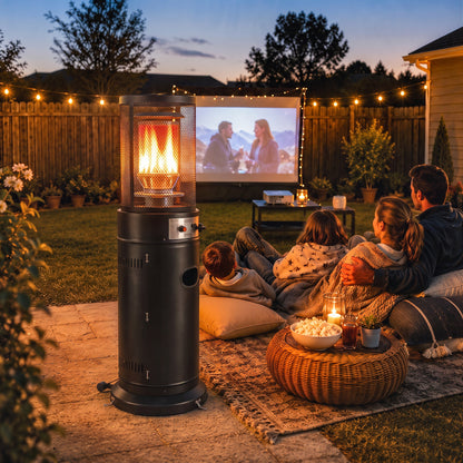 11kW Gas Patio Heater | 30m² Coverage | Propane & LPG | Pulse Ignition | Stepless Control | 45° Tilt Shutoff | Metal Mesh Guard | 2 Wheels | Pre-Drilled Stake Holes | 52x46x137cm | Black