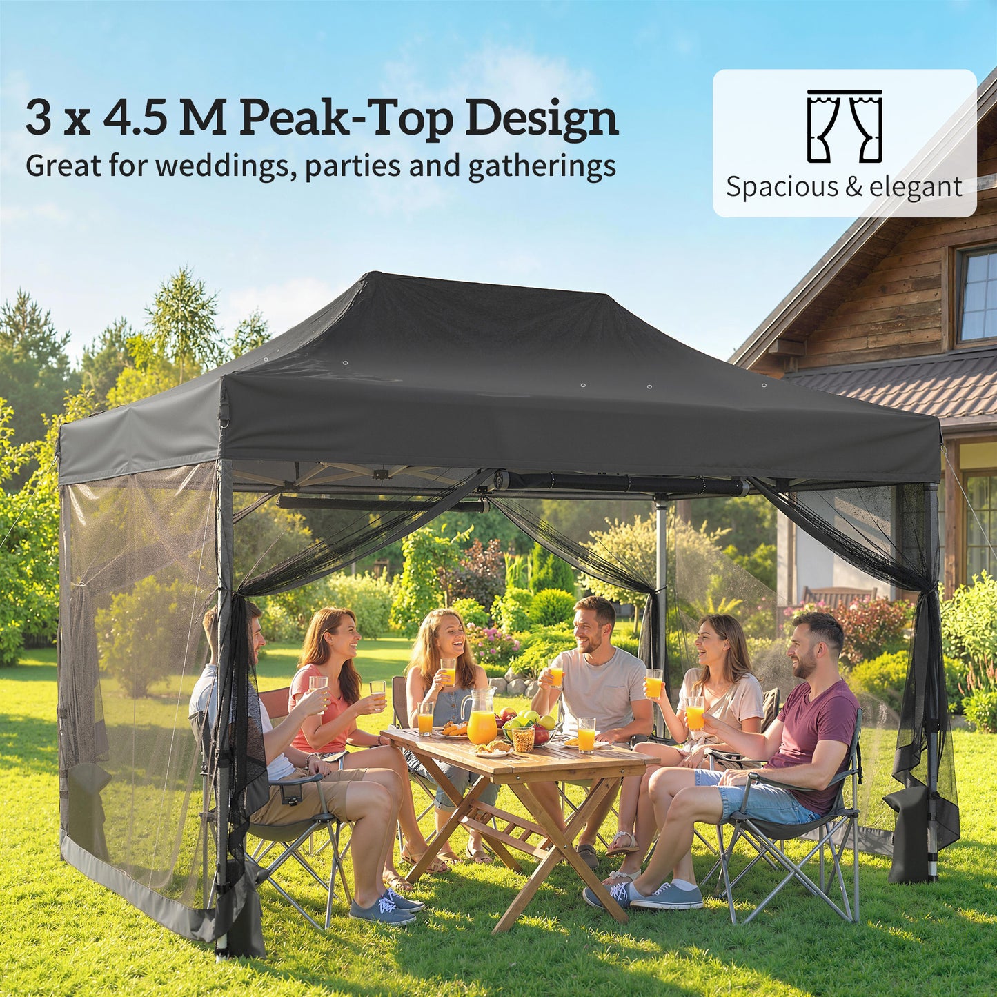 3x4.5m Heavy Duty Pop Up Gazebo | UPF50+ 420D Oxford Fabric | 4 Mesh Nettings | 12 Rainwater Holes | 3 Height Settings | Windproof Level 4-6 | Snow Rated | Full Stability Kit | Wheeled Bag | Black