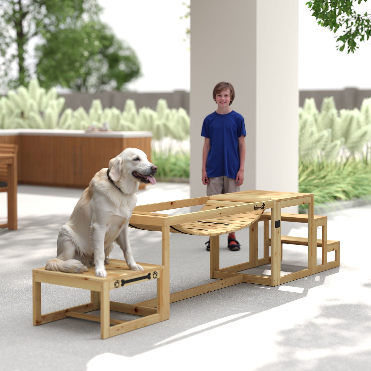 3-Piece Dog Agility Training Set | Flexible Bridge | Pause Platform | Pet Stairs | Solid Fir Wood | 50kg Per Piece | Suits Dogs Up to 40kg | Natural Wood Finish