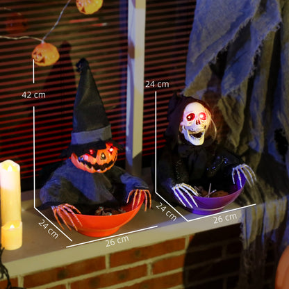 2 Pieces Animated Halloween Skull Bowl, Skeleton Ghost Skull Candy Dish with LED Eyes, Moving Body and Creepy Sound for Party Decoration, Festival Haunted Houses