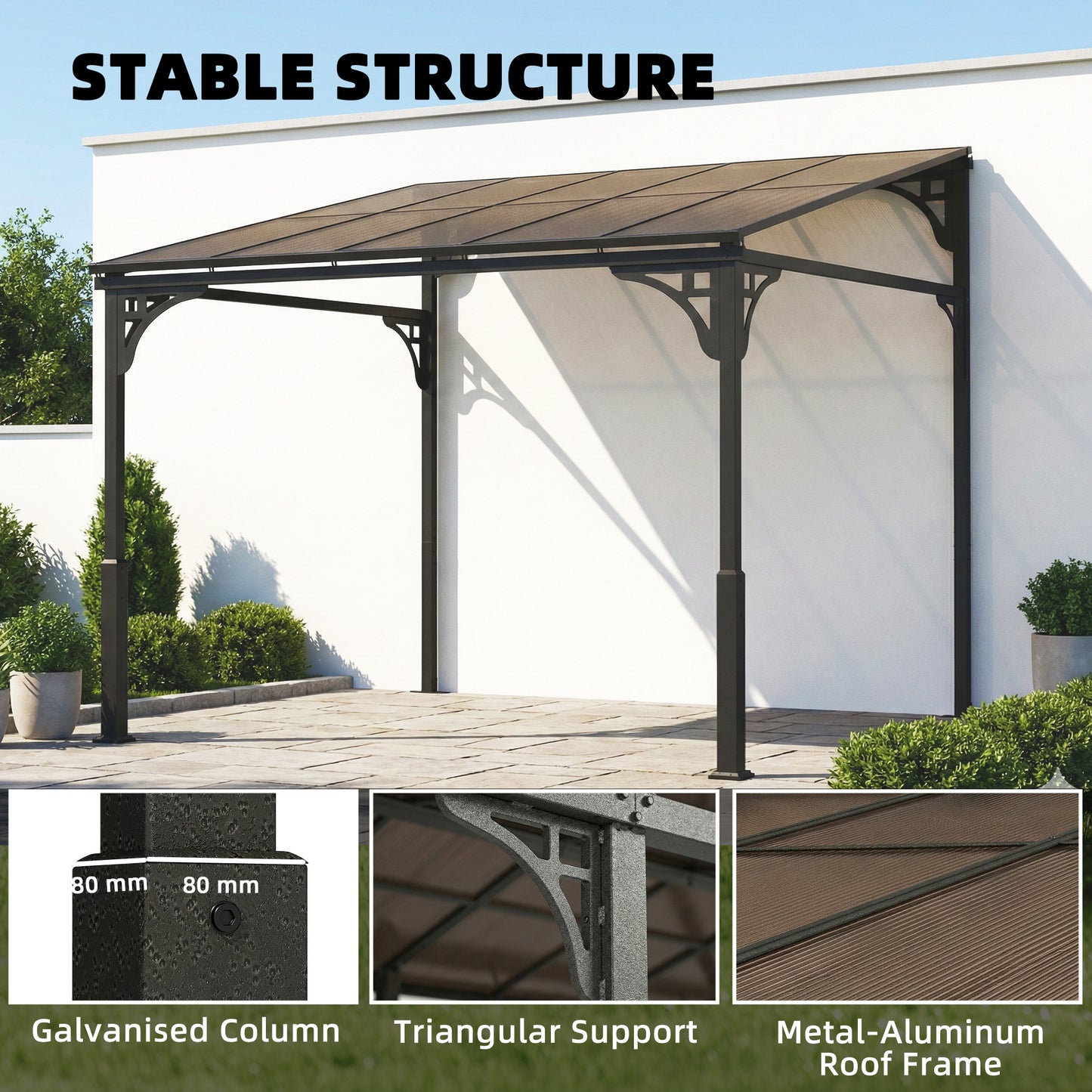 3x2.87m Wall Mounted Hardtop Lean-To Pergola | Polycarbonate Roof | Heavy-Duty Galvanised Frame | Reinforced Columns | Windproof Level 6 | Snow Load 5-10kg | All Hardware Included | Brown