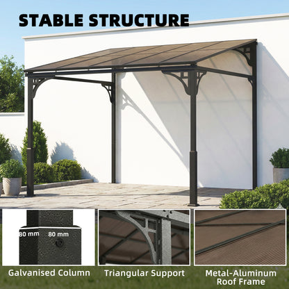 3x2.87m Wall Mounted Hardtop Lean-To Pergola | Polycarbonate Roof | Heavy-Duty Galvanised Frame | Reinforced Columns | Windproof Level 6 | Snow Load 5-10kg | All Hardware Included | Brown