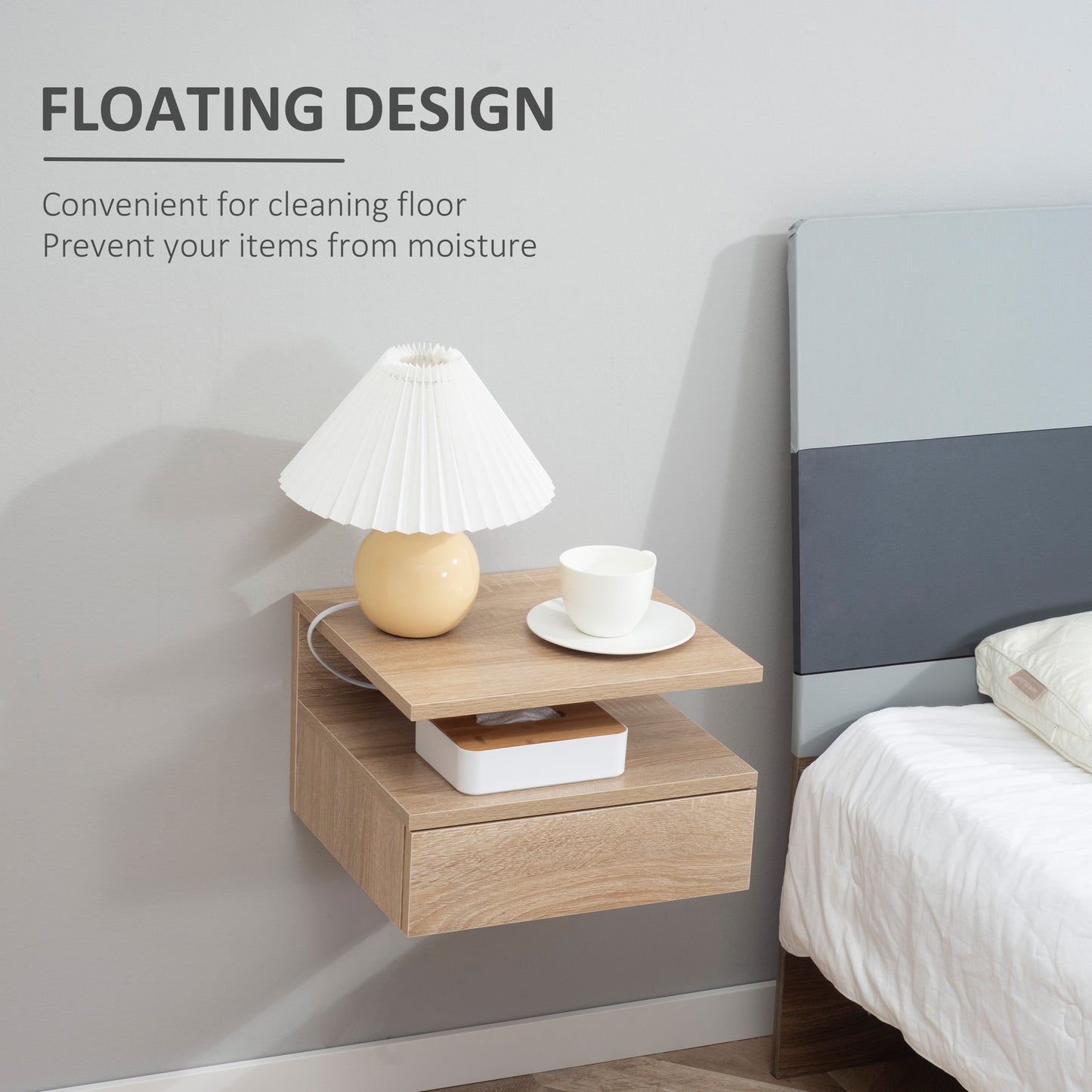 Floating Bedside Cabinet with Drawer and Open Shelf, Wall Mounted Nightstands, Bedside Table with Storage, Oak Tone