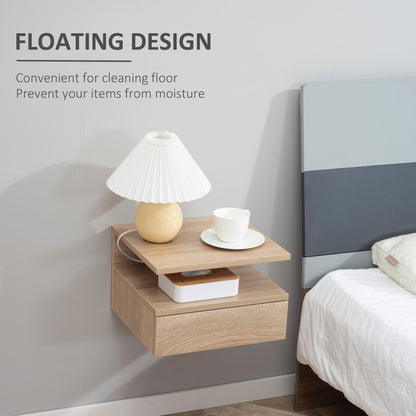 Floating Bedside Cabinet with Drawer and Open Shelf, Wall Mounted Nightstands, Bedside Table with Storage, Oak Tone