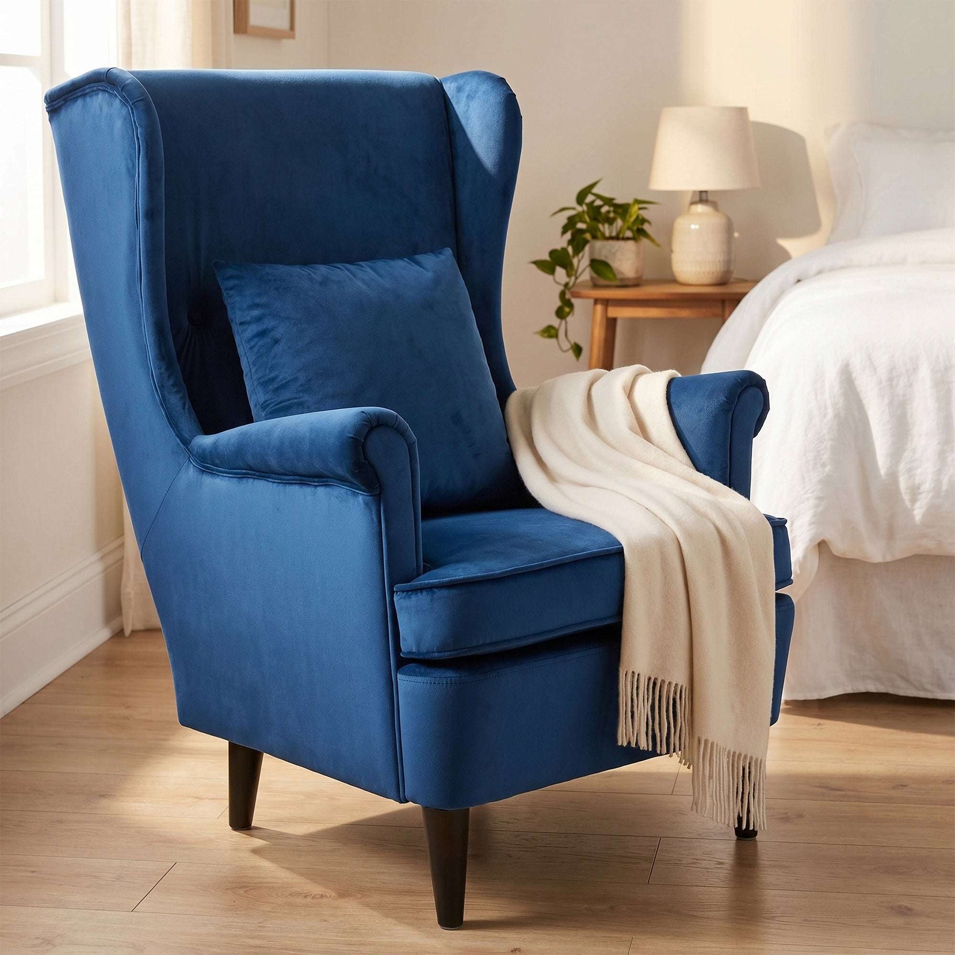 Velvet Wingback Accent Chair | 70cm High Back | Removable Washable Pillow Cover | Thick Sponge Seat | Solid Wood Legs | Non-Slip Pads | 120kg Capacity | 75x83x104cm | Blue