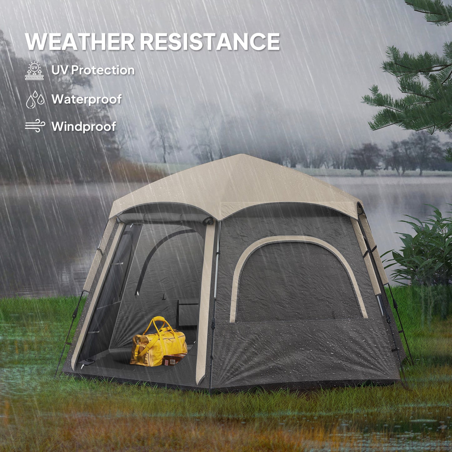 Instant Camping Tent, 2/3/4 Person Easy Setup Family Tent with Vestibule, Rainfly, 4 Mesh Windows & 2 Doors, Hexagonal Design, Waterproof